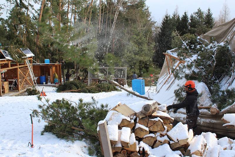 Dobrovolníci likvidovali škody v lesní školce nad Třísovem, kterou v pondělí 10. února 2020 zdemolovala vichřice Sabine.