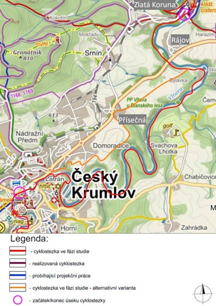 Mapa cyklostezky z Českého Krumlova do Zlaté Koruny.