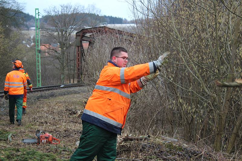 Drážní hasiči na Těchorazu ve Vyšším Brodě odklízeli obrovský smrk, který padl na koleje a přetrhl trakční vedení.