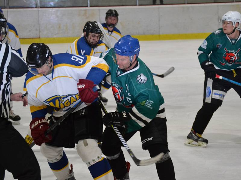 Čtvrtfinále KL mužů: HC Slavoj Český Krumlov (zelené dresy) – HC Vajgar Jindřichův Hradec 2:4 a 3:4.