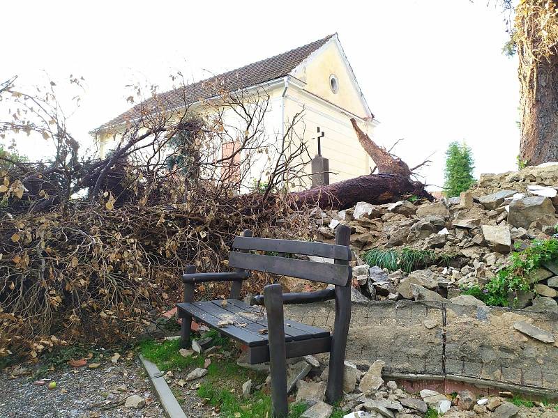 Smrk na hřbitově v Kaplici spadl směrem do dětského hřiště pod hřbitovem.