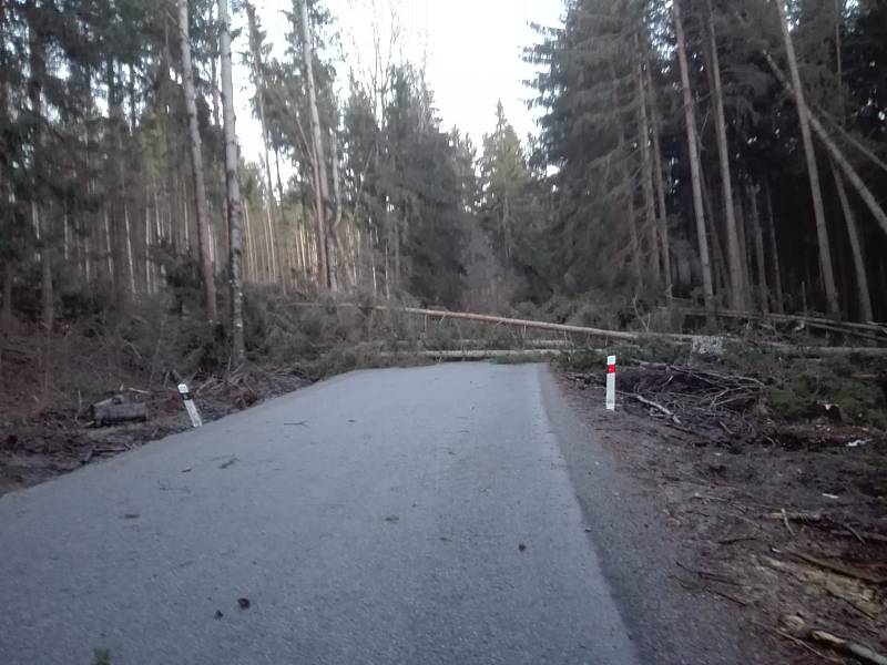 U Střemil na Chvalšinsku zablokovalo silnici několik stromů.