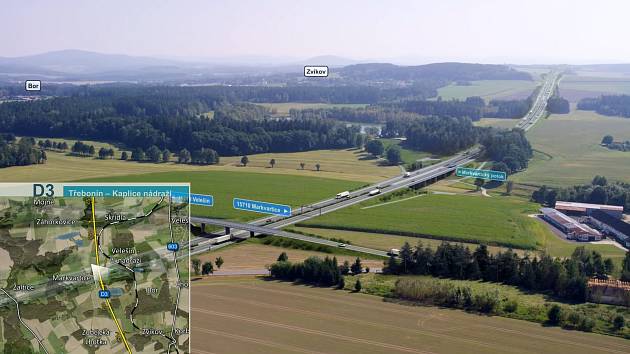 Vizualizace nového úseku dálnice D3 Třebonín - Kaplice-nádraží. Bude měřit 8 538 metrů a bude na něm dvanáct mostů. Na snímku D3 mezi Markvarticemi a Velešínem-nádraží.