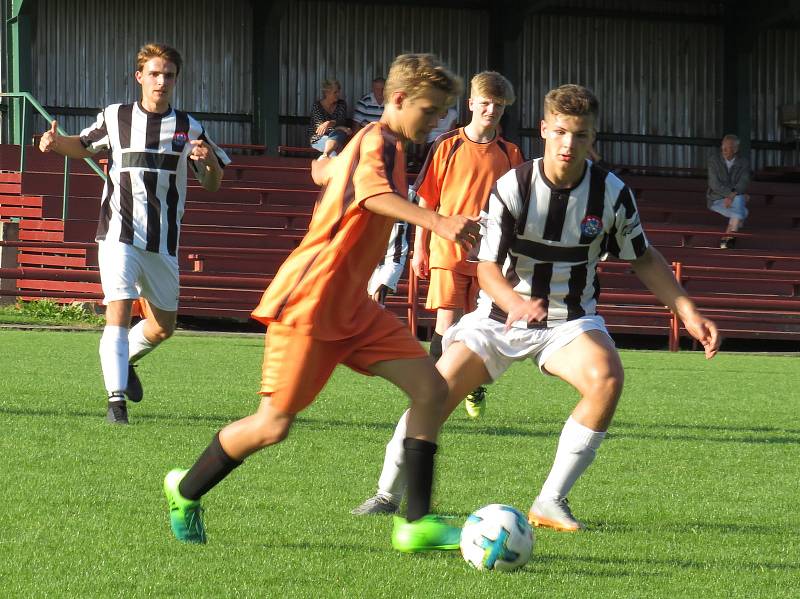 Oblastní I.A třída dorostu – 26. kolo: Spartak Kaplice / Dynamo Vyšší Brod (černobílé dresy) – Lokomotiva České Velenice 17:0 (6:0).