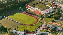 Plánované změny ve sportovním areálu ve Chvalšinské ulici v Českém Krumlově. Pohled na areál a zimní stadion.