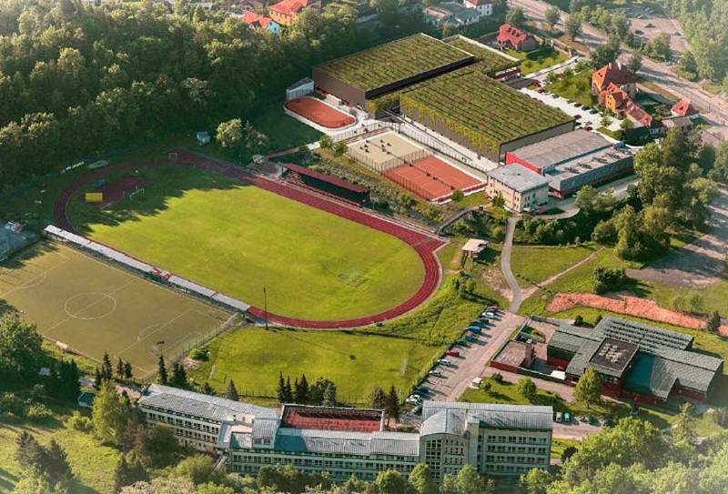 Plánované změny ve sportovním areálu ve Chvalšinské ulici v Českém Krumlově. Pohled na areál a zimní stadion.
