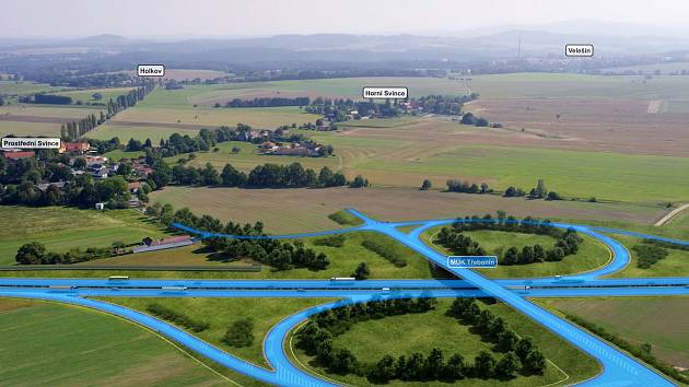 Vizualizace nového úseku dálnice D3 Třebonín - Kaplice-nádraží. Bude měřit 8 538 metrů a bude na něm dvanáct mostů. Na snímku mimoúrovňová křižovatka Dolní Třebonín.