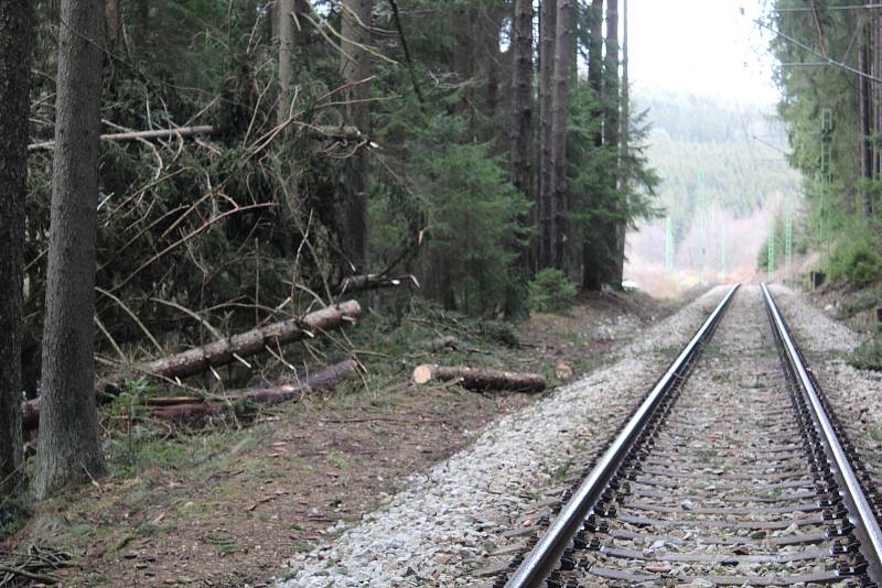 Stromy popadaly na trať i v okolí zastávky Rožmberk nad Vltavou.