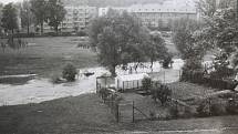 Český Krumlov v 70. letech 20. století. Park v Jelence, ještě se zahrádkami.