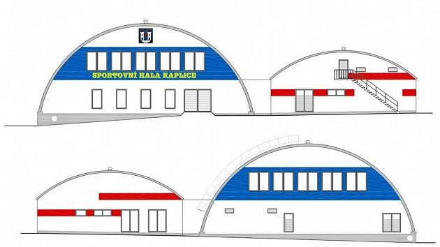 Podoba nové sportovní haly u kaplického učiliště. Nákres města Kaplice