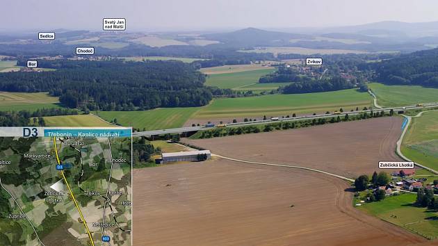 Vizualizace nového úseku dálnice D3 Třebonín - Kaplice-nádraží. Bude měřit 8 538 metrů a bude na něm dvanáct mostů. Na snímku D3 mezi Zubčickou Lhotkou a Borem (Zvíkovem).