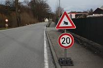 Značka upozorňující na tah žab na silnici v Holubově, která vede mezi rybníkem a Křemžským potokem.