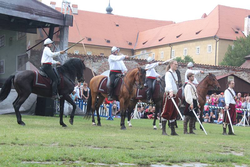 Drezúrní vystoupení s koňmi v Pivovarské zahradě v rámci slavností růže.