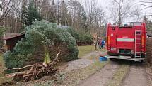 Hasiči odstraňovali strom spadlý na střechu chaty v Dolním Třeboníně.