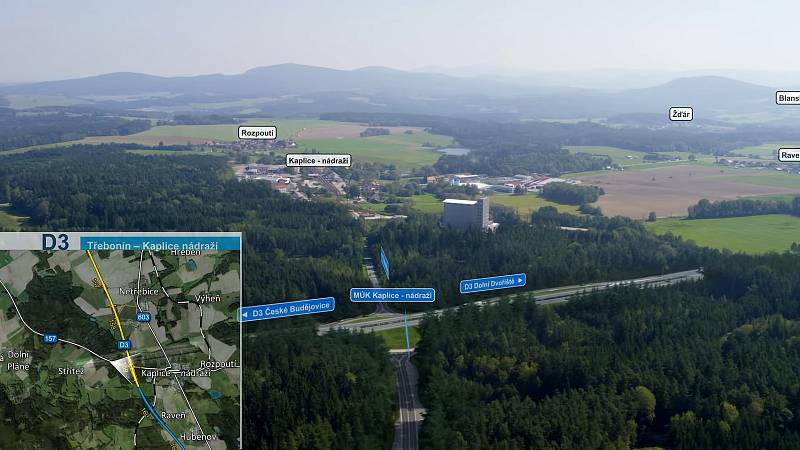 Vizualizace nového úseku dálnice D3 Třebonín - Kaplice-nádraží. Bude měřit 8 538 metrů a bude na něm dvanáct mostů. Na snímku mimoúrovňová křižovatka Kaplice-nádraží.