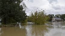 Rozvodněná Morava v Kojetíně, zaplavila třeba i fotbalové hřiště nebo loděnici. 15.10. 2020