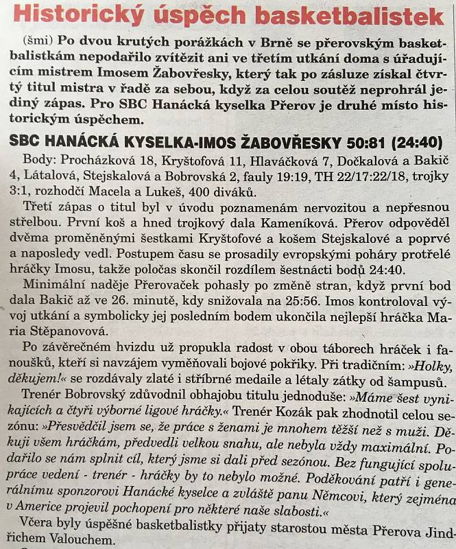 Článek o stříbru přerovských basketbalistek z roku 1999.