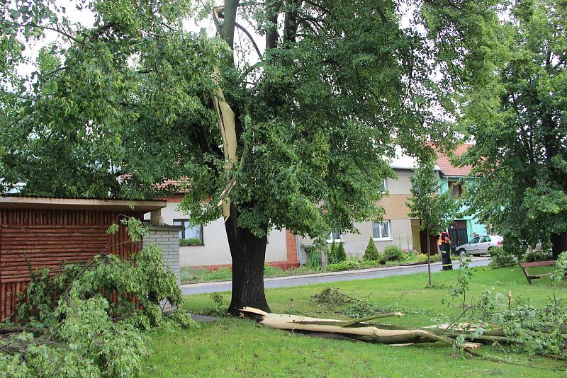 Poničené střechy rodinných domů, vyvrácené stromy a trámy, které se rozletěly jako třísky do okolí. Tak to vypadalo v pátek odpoledne v Uhřičicích na Kojetínsku, kterými se prohnala silná vichřice