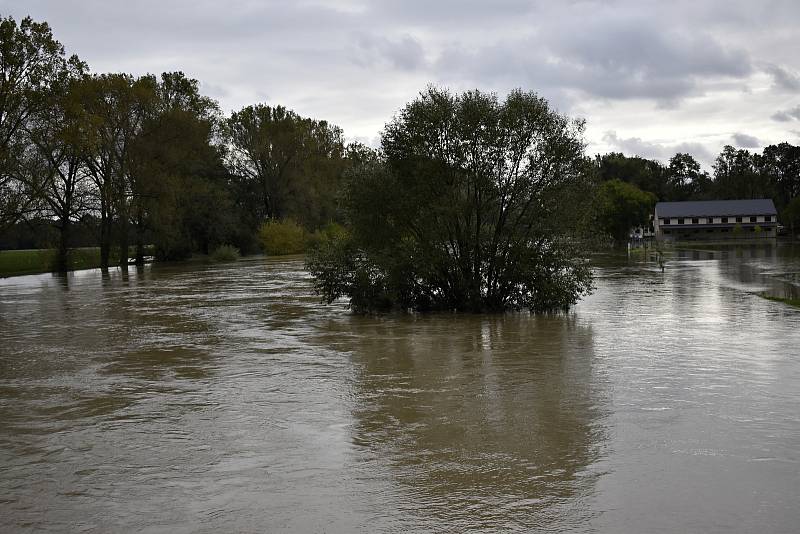 Rozvodněná Morava v Kojetíně, zaplavila třeba i fotbalové hřiště nebo loděnici. 15.10. 2020