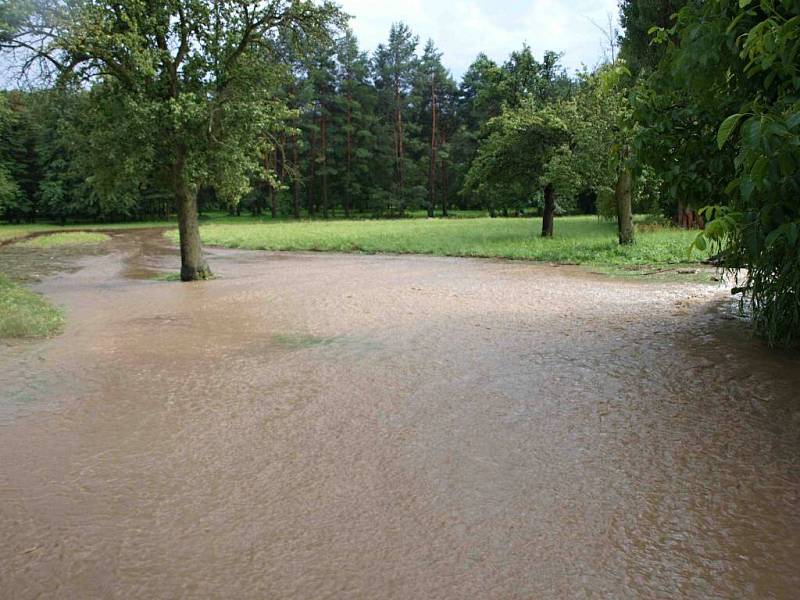 Loučský potok se v neděli odpoledne vylil do lesoparku a ulic Za Porážkou a Seminárka v Lipníku nad Bečvou. 