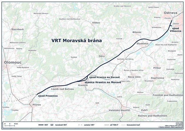 VRT Moravská brána. Stavebně se jedná o novostavbu dvoukolejné trati elektrizované střídavou napájecí soustavou a zabezpečené evropským zabezpečovacím systémem ETCS.