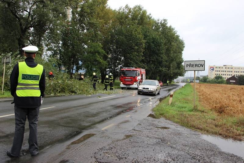 Spadený strom v Přerově směrem na Troubky