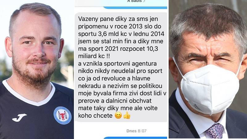 Šéftrenér mládeže fotbalového Přerova David Chuda (vlevo) napsal premiérovi Babišovi. Uprostřed část SMS reakce premiéra