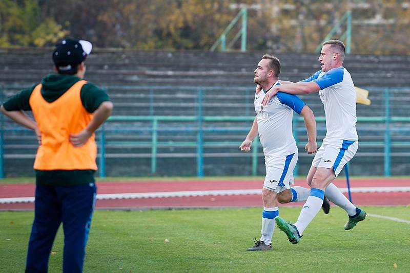 Fotbalové derby mezi domácím Přerovem a Kozlovicemi ovládla 2:1 Viktorka. David Chuda slaví gól na 2:0. Foto: Deník/Jan Pořízek