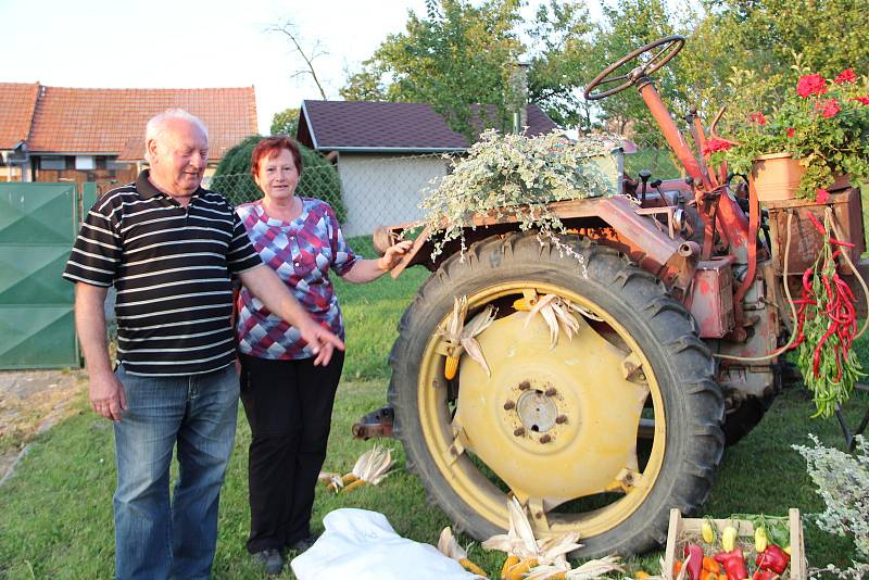 Nápadité aranže z květin, výpěstků a plodů zahrady před domy místních obyvatel Hradčan na Přerovsku