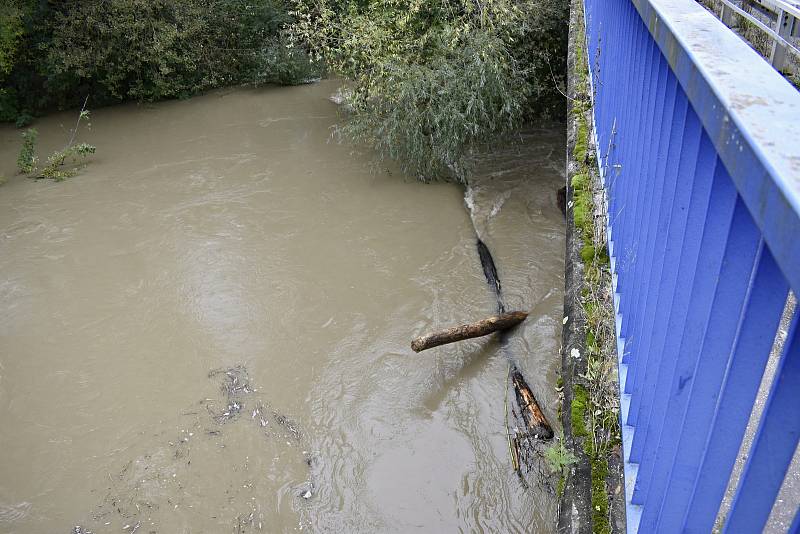 Rozvodněná Morava v Kojetíně, zaplavila třeba i fotbalové hřiště nebo loděnici. 15.10. 2020