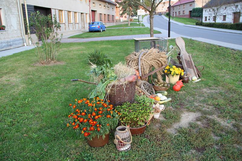 Nápadité aranže z květin, výpěstků a plodů zahrady před domy místních obyvatel Hradčan na Přerovsku