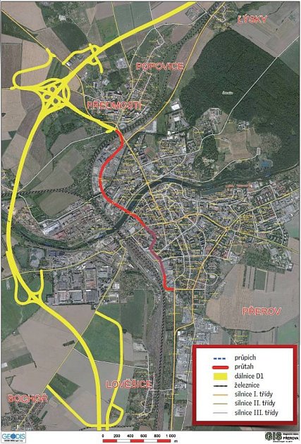 Trasa dálnice D1 kolem Přerova a průpich městem 