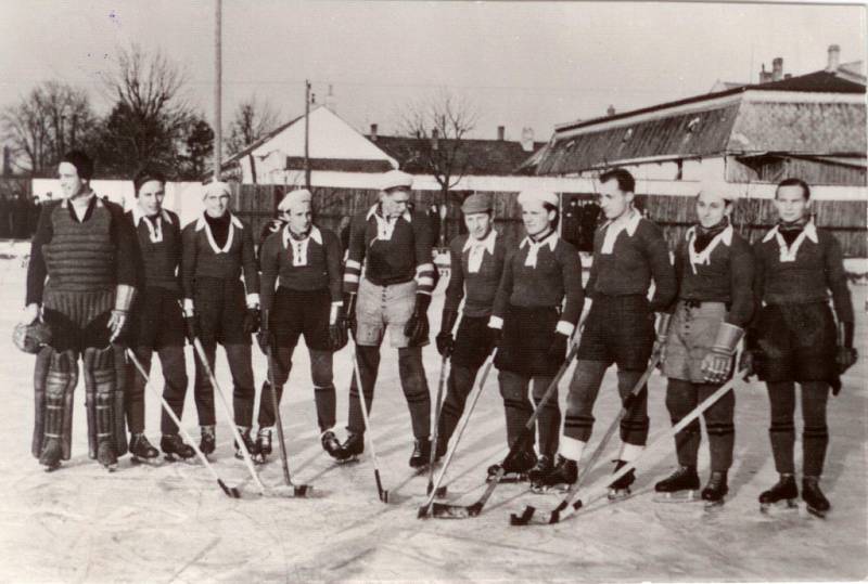 Hokejové mužstvo Dělnické tělovýchovné jednoty v Lipníku nad Bečvou v roce 1939, zleva stojí hokejisté Táborský, Vágner, Machálka, Šenk, Smíšek, Michalík, Krejčiřík, Slezák, Kolich, Kučera.