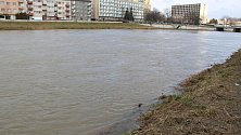 Déšť zvedl hladinu Bečvy, Přerov 5. února 2020 dopoledne