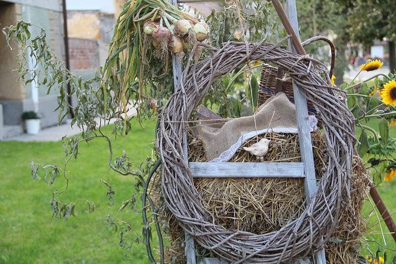 Nápadité aranže z květin, výpěstků a plodů zahrady před domy místních obyvatel Hradčan na Přerovsku