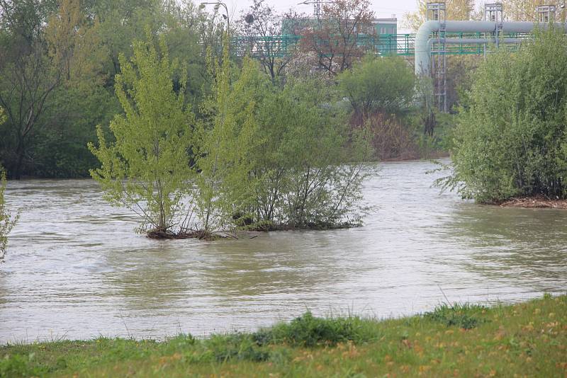 Rozbouřená Bečva se v noci na sobotu v Přerově vyšplhala do výšky pěti metrů. Ráno už byla situace klidná.