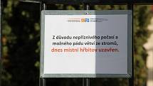 Brána Městského hřbitova v Přerově se uzavřela už v pondělí ráno - důvodem byla obava z padajících stromů a větví.