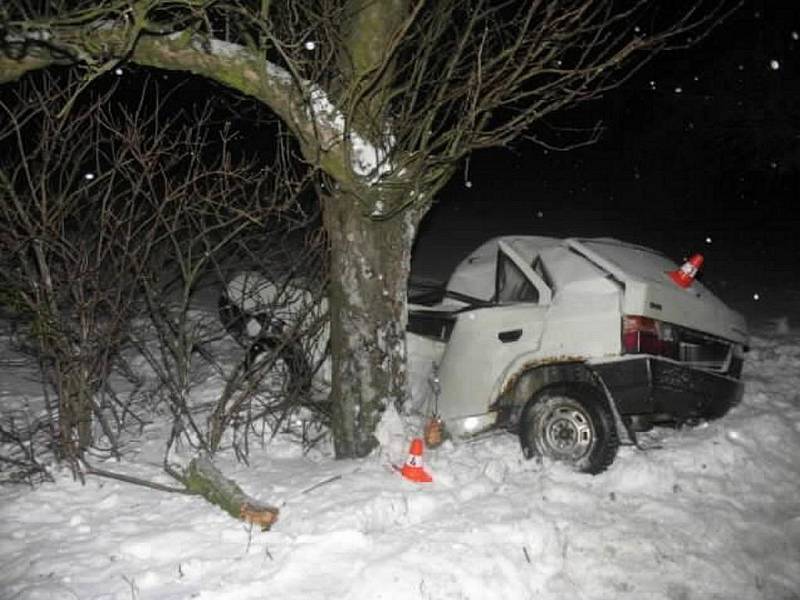 Řidič nezvládl jízdu na zasněžené cestě a narazil do stromu.
