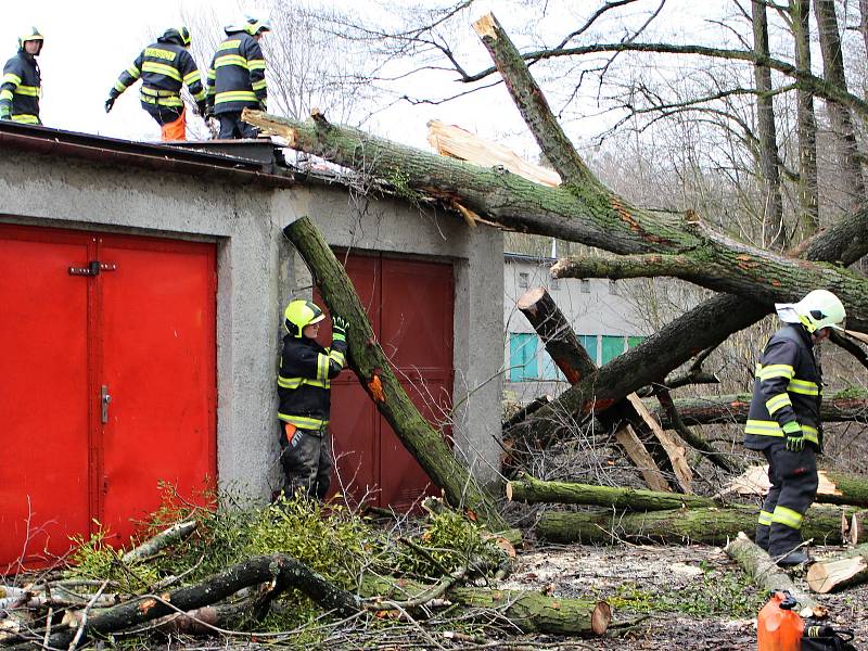 Hasiči odstraňovali v pondělí  10. února po poledni stromy, které silný vítr vyvrátil na garáž na Nové ulici v Hranicích.