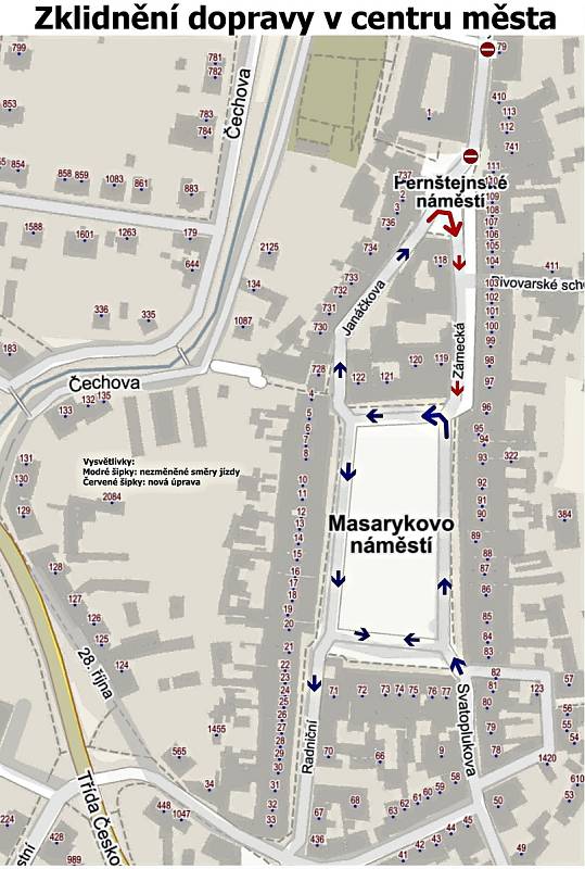 Mapa k zklidnění dopravy v centru Hranic. Do Jiráskovy ulice bude zákaz vjezdu z obou stran.