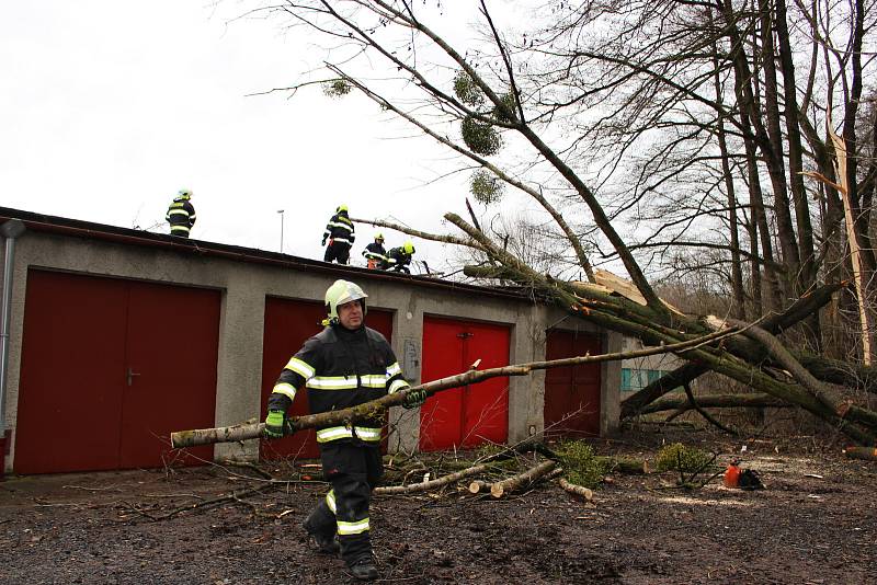 Hasiči odstraňovali v pondělí  10. února po poledni stromy, které silný vítr vyvrátil na garáž na Nové ulici v Hranicích.