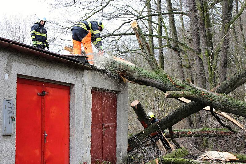 Hasiči odstraňovali v pondělí  10. února po poledni stromy, který silný vítr vyvrátil na garáž na Nové ulici v Hranicích.