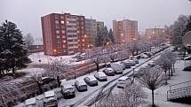 První sníh v Hranicích, pátek 26. listopadu 2021.