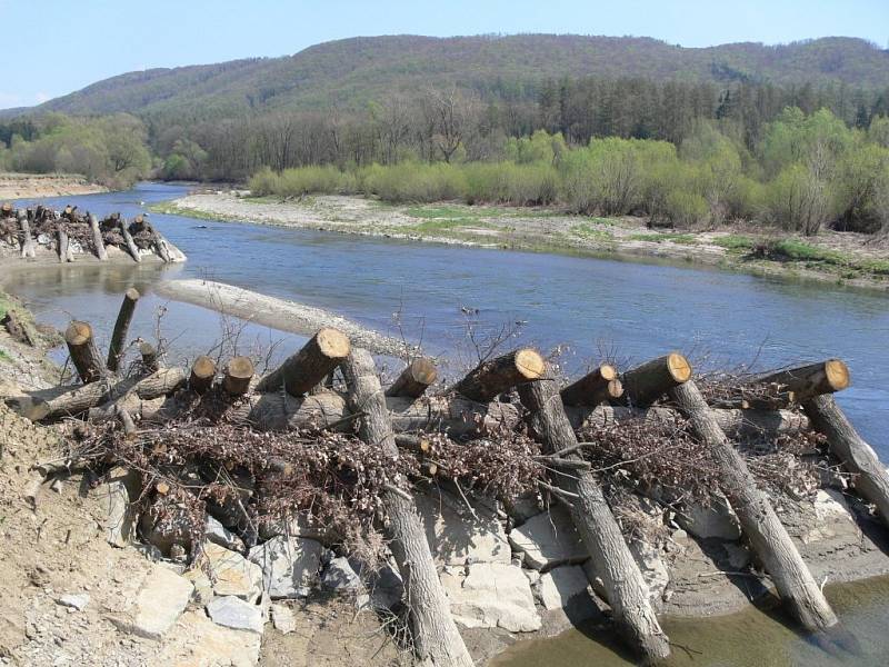 Ojedinělé zpevnění břehů koryta Bečvy ve Slavíči 