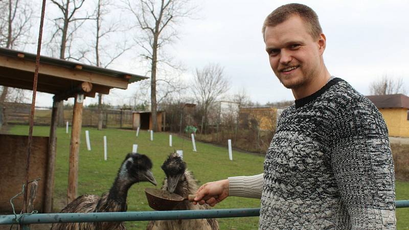 Farma Bobík na Babí hoře. Vojtěch Trubačík a pštrosi Stela a Emil