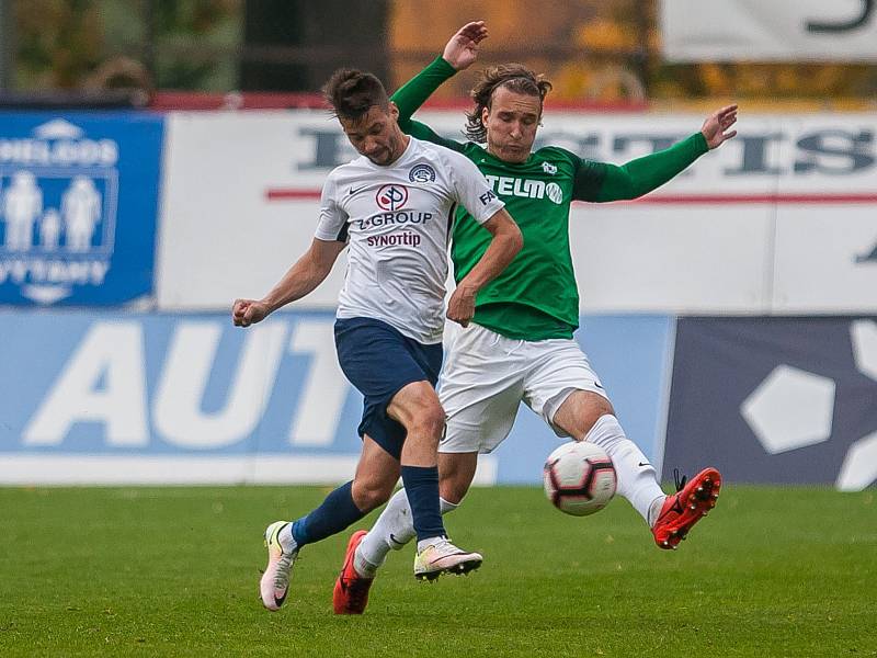 Zápas 11. kola první fotbalové ligy mezi týmy FK Jablonec a FC Slovácko se odehrál 7. října na stadionu Střelnice v Jablonci nad Nisou. Na snímku vpravo je Matěj Hanousek.