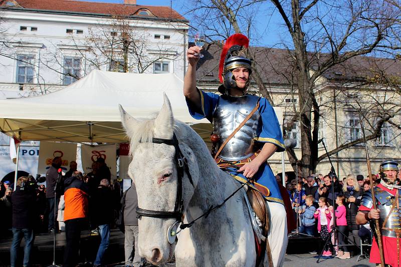 Masarykovo náměstí v Uherském hradišti se zaplnilo lidmi, vínoznalci, vinaři i hradišťským farářem Josefem Říhou, který přede všemi, i před sv. Martinem na koni požehnal letošním svatomartinským vínům.