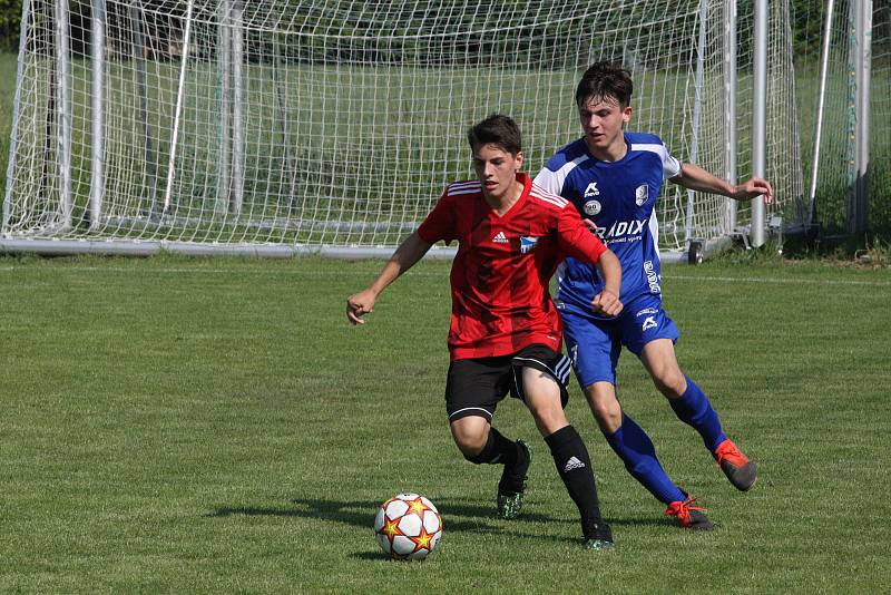 Fotbalisté Babic (červené dresy) ve 25. kole okresního přeboru Uherskohradišťska zdolali předposlední Březolupy 2:0.