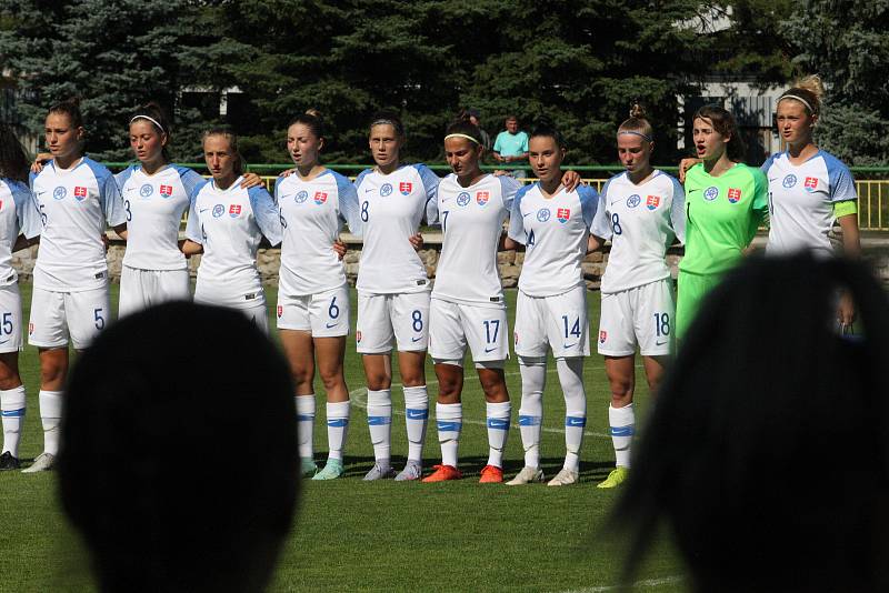 Fotbalistky České republiky do devatenácti let (červené dresy) remizovaly na hřišti v Dolním Němčí se sousedním Slovenskem 1:1.