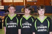 Stolní tenisté z Komně: Jan Glajch, Martin Krpálek a Matěj Kostka